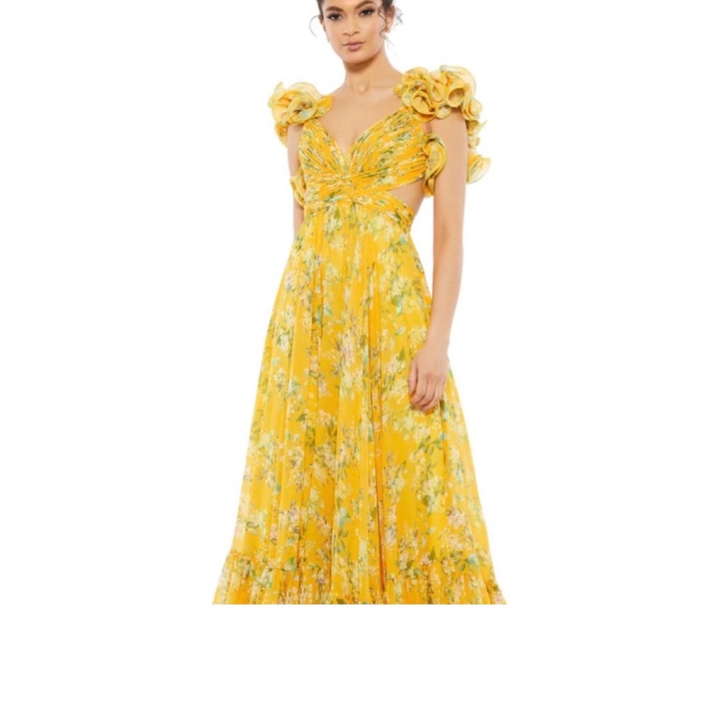 Mac Duggal Yellow Floral Cut-Out Maxi Dress with Ruffle Shoulders